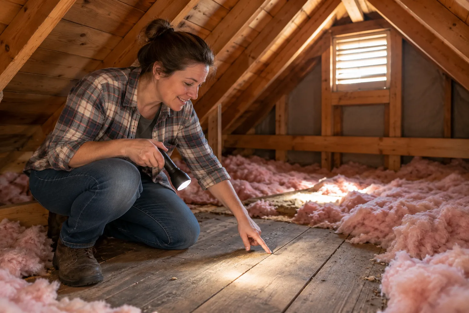A homeowner checking attic boards with a flashlight for early roof leak signs