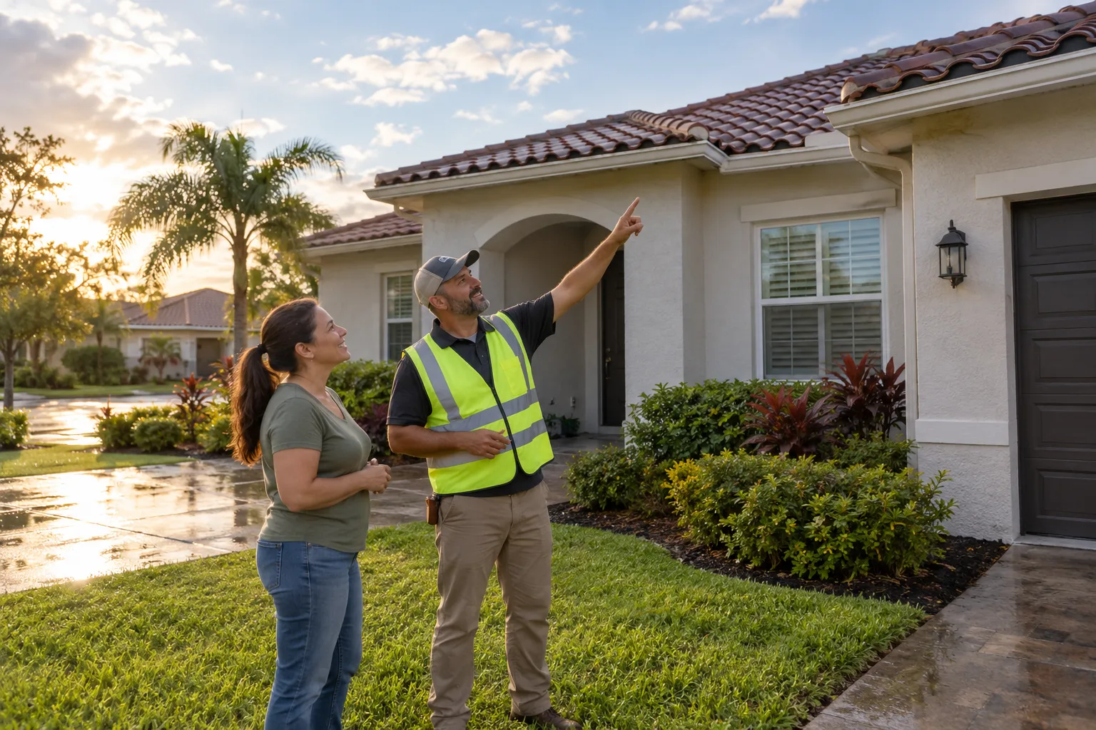 A tile and shingle home roof in Fort Lauderdale under a bright sky after a summer storm