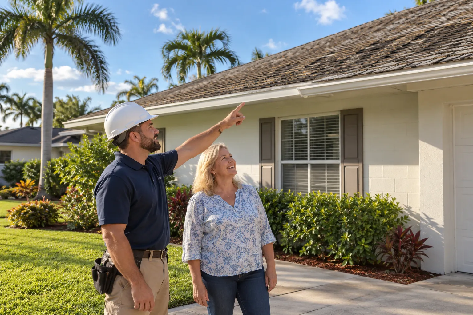 Roofing provider and homeowner looking at a tile roof from the driveway of a single-story home in the Fort Lauderdale area
